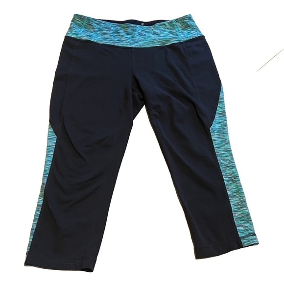 Athleta mid rise crop capri leggings mid rise stretch large black blue - Picture 1 of 10